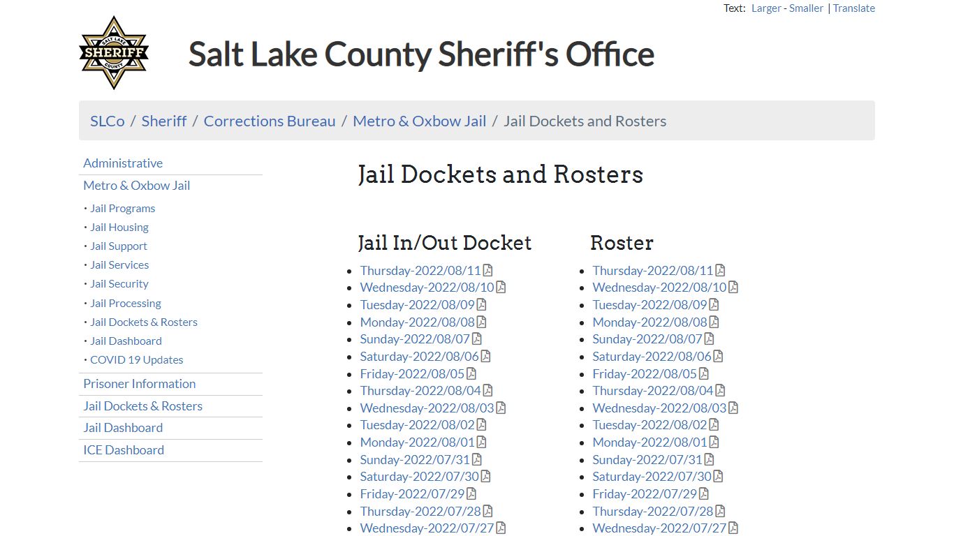 Jail Dockets and Rosters - Sheriff | SLCo